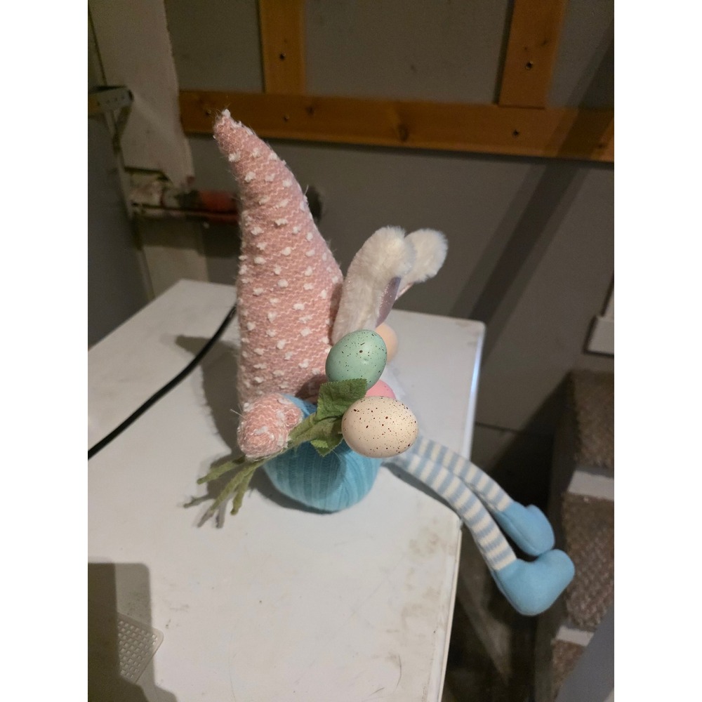Easter Bunny Gnome Plush Shelf Sitter Pink Blue Striped Legs Speckled Eggs - Picture 2 of 4